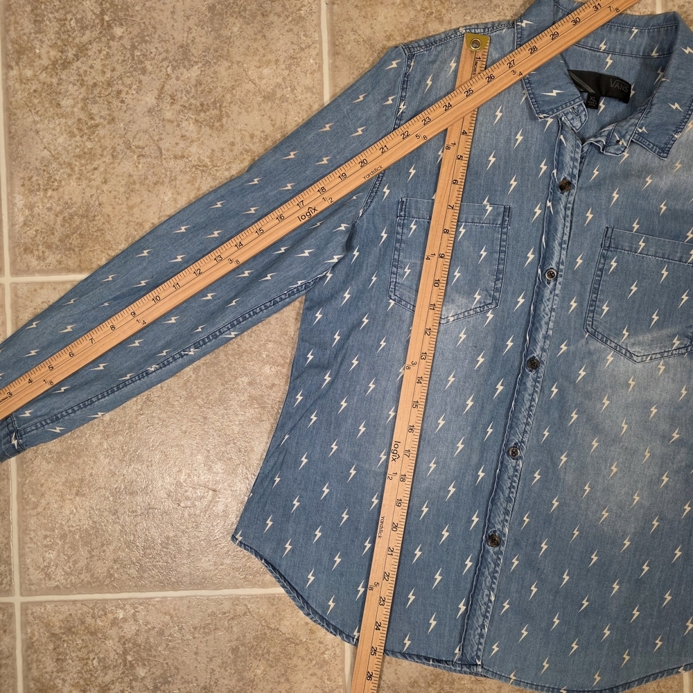 Vans Light Blue Denim Button-Up Shirt with White Lightning Print - Picture 10 of 11